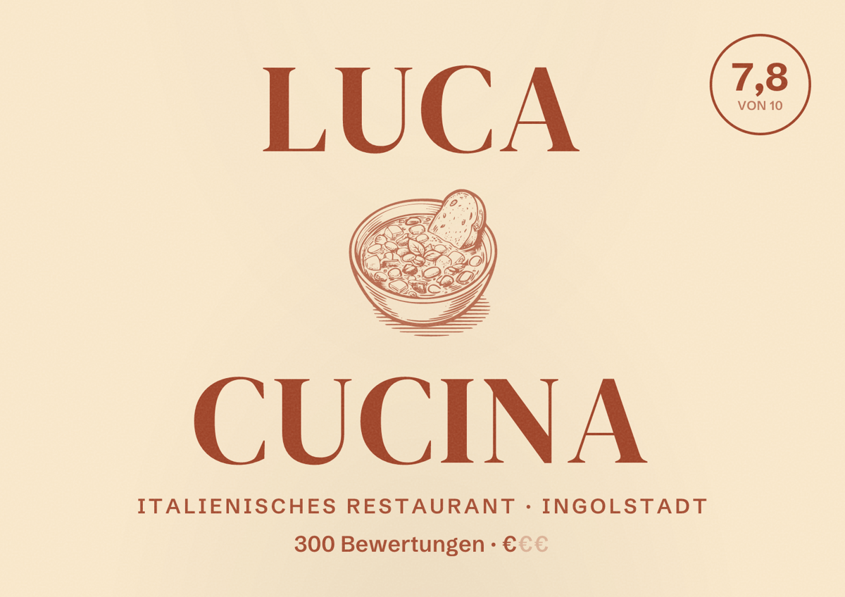 Illustriertes Poster von Luca Cucina, Italienisches Restaurant in Ingolstadt: Bewertung 7,8 von 10 aus 300 Bewertungen, Preisniveau €