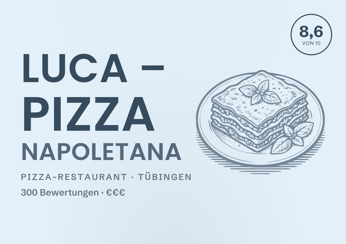 Illustriertes Poster von Luca – Pizza Napoletana, Pizza-Restaurant in Tübingen: Bewertung 8,6 von 10 aus 300 Bewertungen, Preisniveau €€€