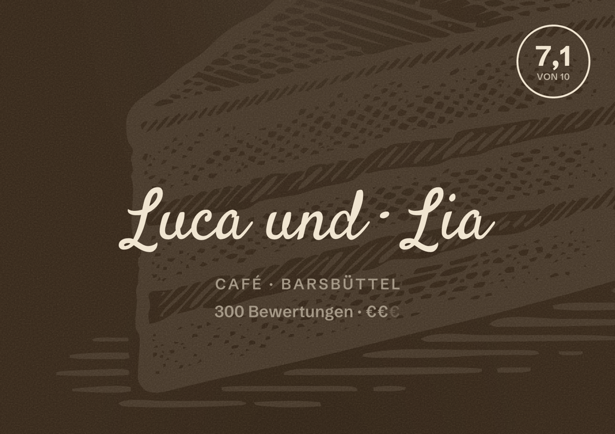 Illustriertes Poster von Luca und Lia, Café in Barsbüttel: Bewertung 7,1 von 10 aus 300 Bewertungen, Preisniveau €€