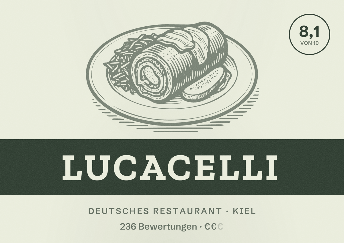 Illustriertes Poster von Lucacelli, Deutsches Restaurant in Kiel: Bewertung 8,1 von 10 aus 236 Bewertungen, Preisniveau €€