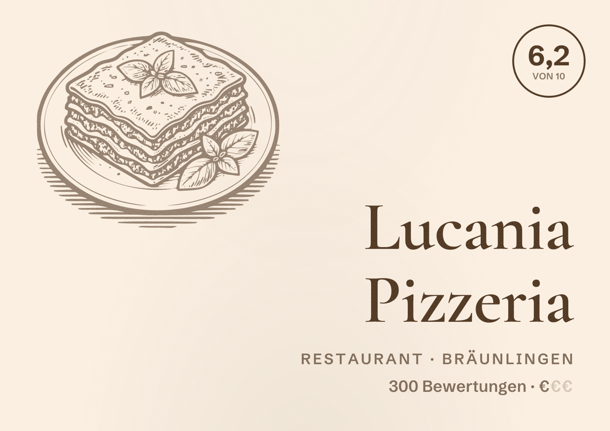 Illustriertes Poster von Lucania Pizzeria, Restaurant in Bräunlingen: Bewertung 6,2 von 10 aus 300 Bewertungen, Preisniveau €