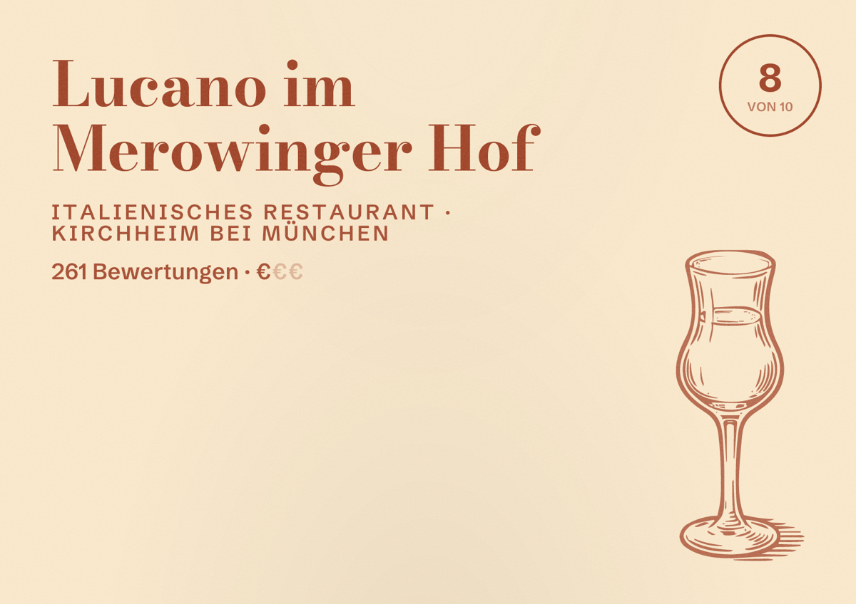 Illustriertes Poster von Lucano im Merowinger Hof, Italienisches Restaurant in Kirchheim bei München: Bewertung 8 von 10 aus 261 Bewertungen, Preisniveau €