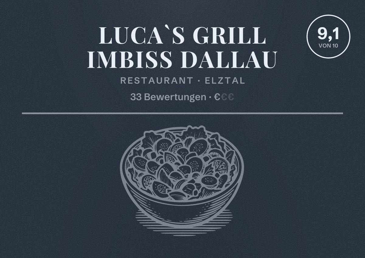 Illustriertes Poster von Luca`s Grill Imbiss Dallau, Restaurant in Elztal: Bewertung 9,1 von 10 aus 33 Bewertungen, Preisniveau €