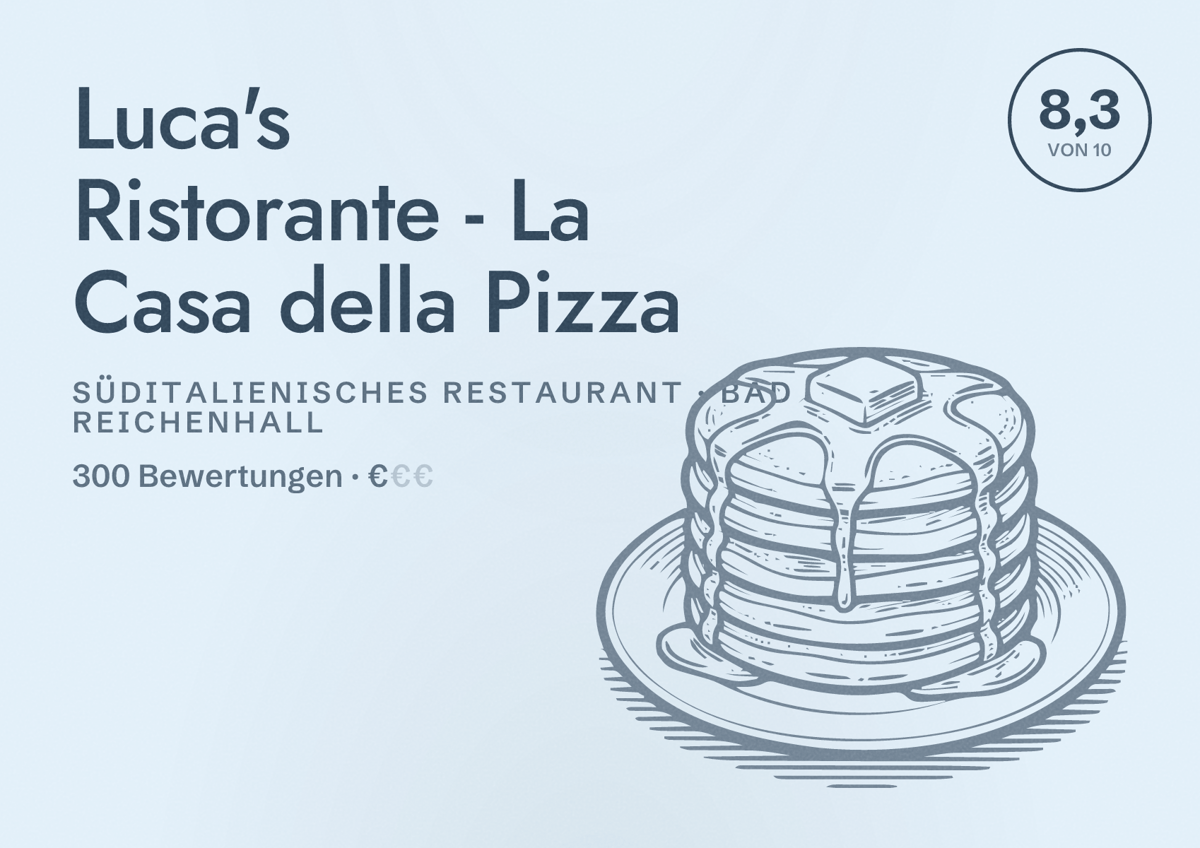 Illustriertes Poster von Luca's Ristorante - La Casa della Pizza, Süditalienisches Restaurant in Bad Reichenhall: Bewertung 8,3 von 10 aus 300 Bewertungen, Preisniveau €