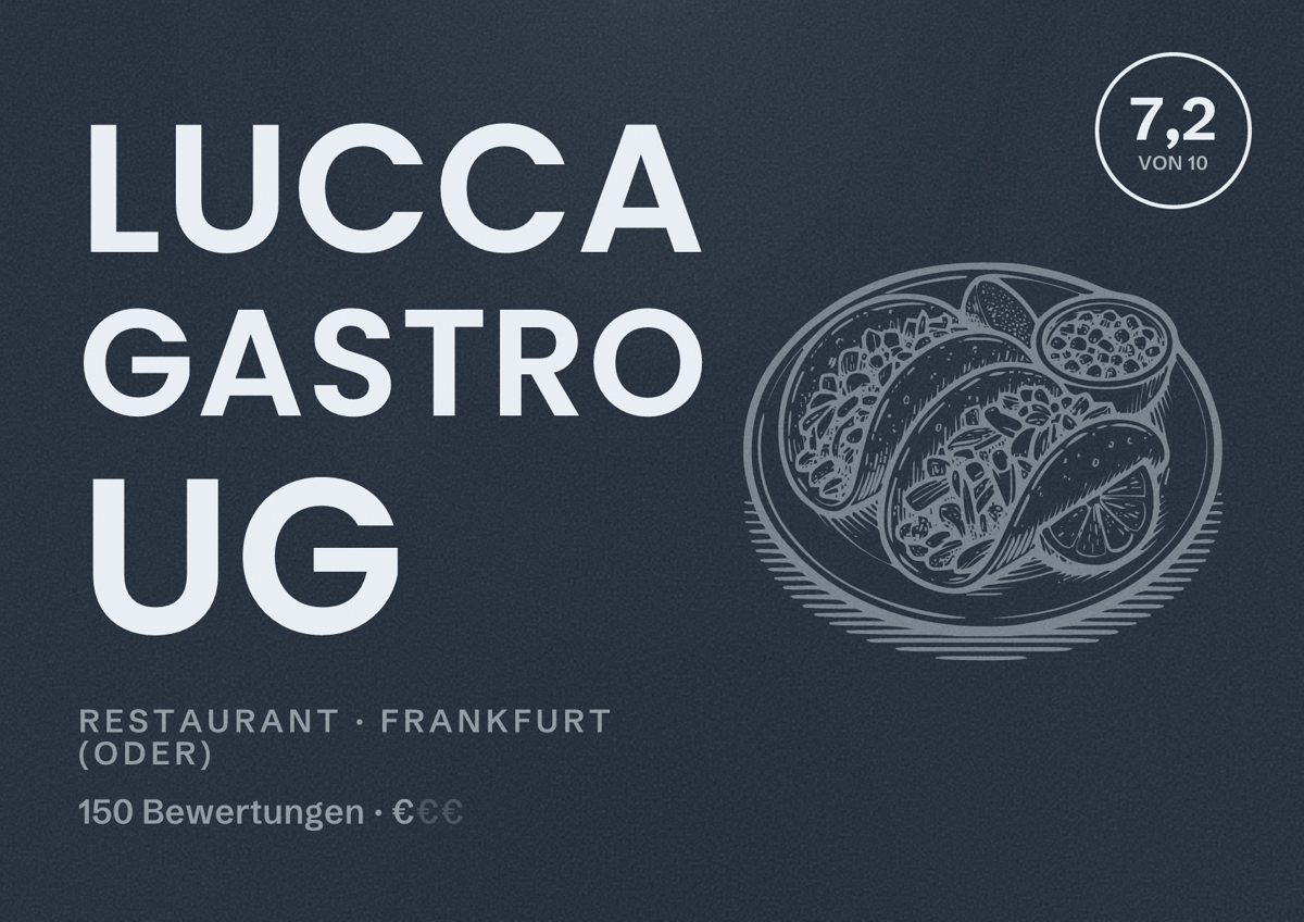 Illustriertes Poster von Lucca Gastro UG, Restaurant in Frankfurt (Oder): Bewertung 7,2 von 10 aus 150 Bewertungen, Preisniveau €