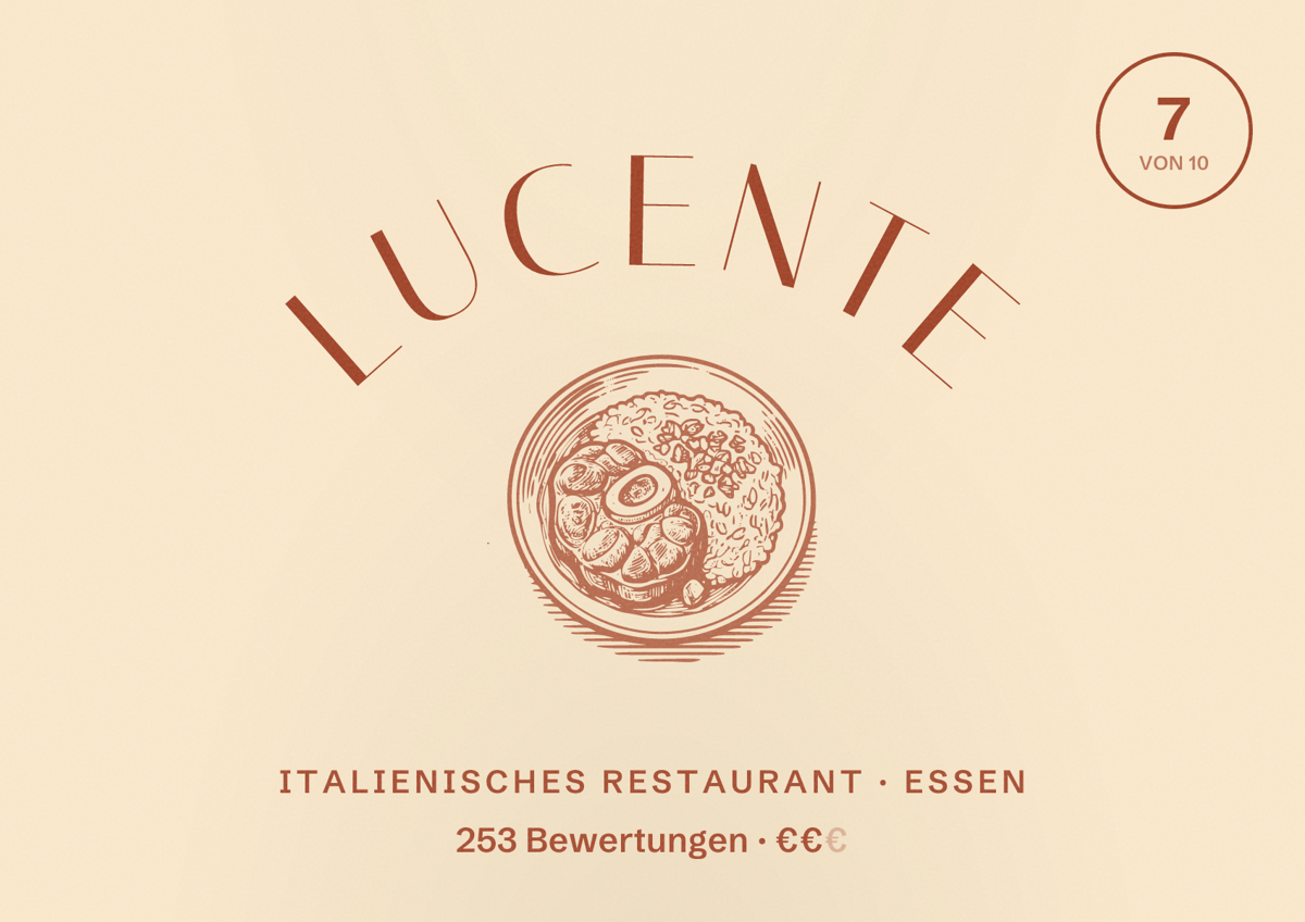 Illustriertes Poster von LUCENTE, Italienisches Restaurant in Essen: Bewertung 7 von 10 aus 253 Bewertungen, Preisniveau €€