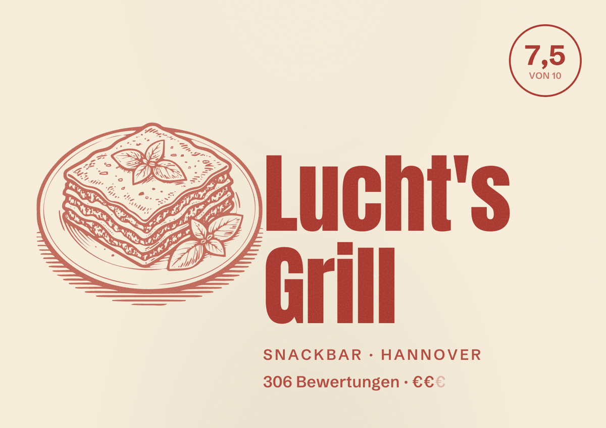 Illustriertes Poster von Lucht's Grill, Snackbar in Hannover: Bewertung 7,5 von 10 aus 306 Bewertungen, Preisniveau €€