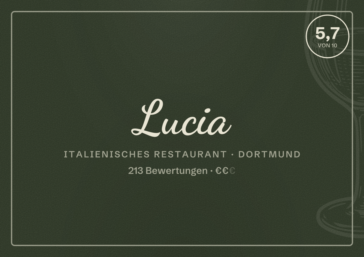 Illustriertes Poster von Lucia, Italienisches Restaurant in Dortmund: Bewertung 5,7 von 10 aus 213 Bewertungen, Preisniveau €€