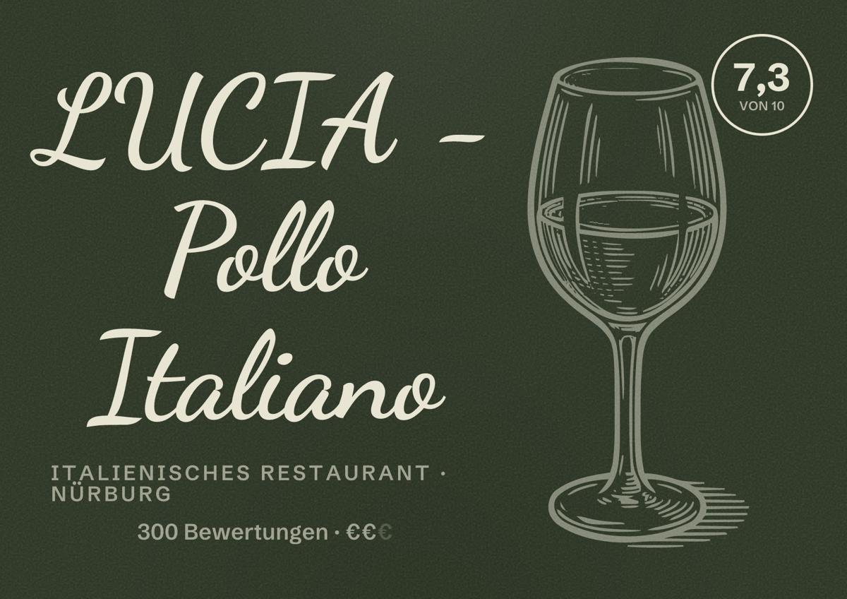 Illustriertes Poster von LUCIA - Pollo Italiano, Italienisches Restaurant in Nürburg: Bewertung 7,3 von 10 aus 300 Bewertungen, Preisniveau €€