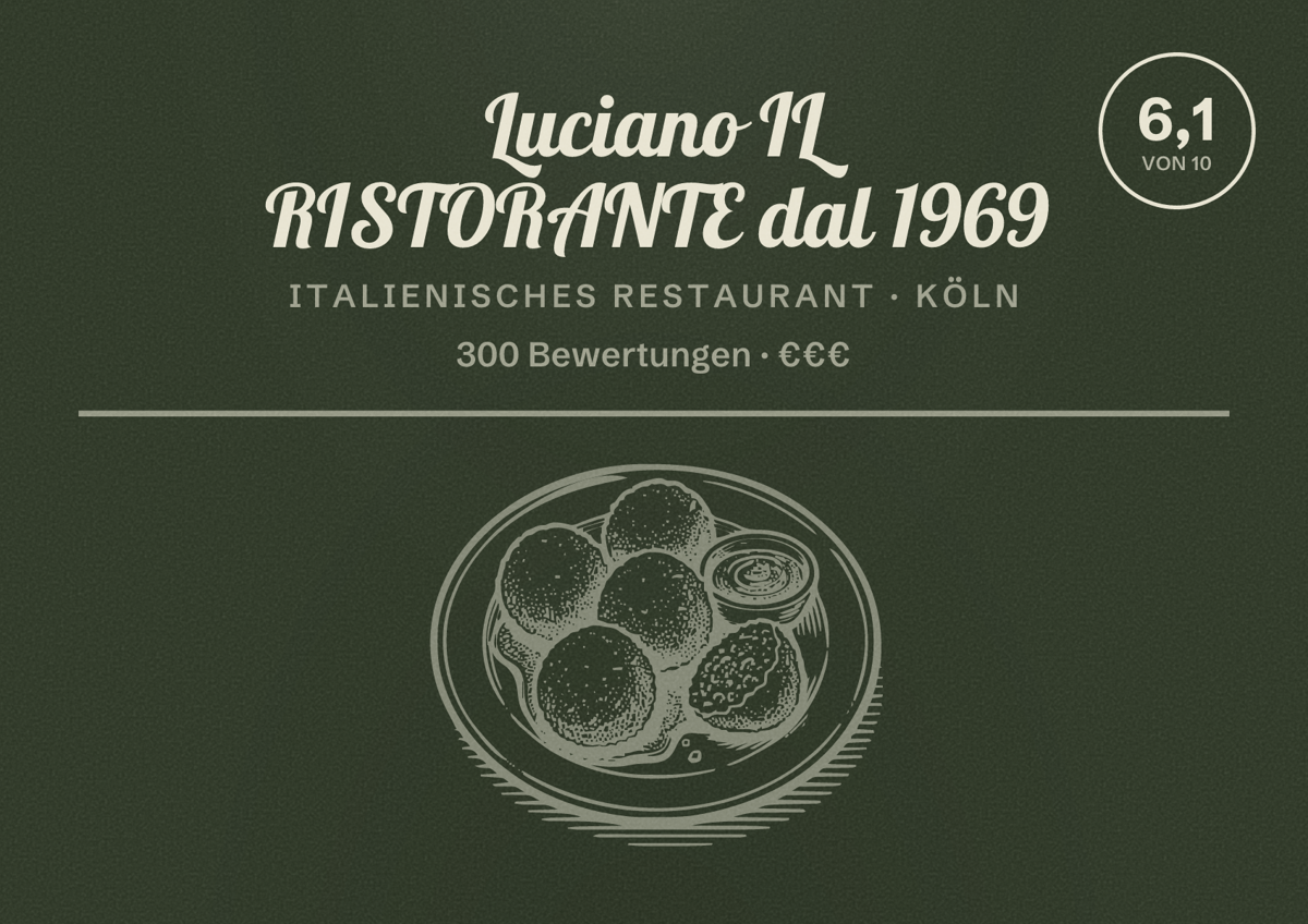 Illustriertes Poster von Luciano IL RISTORANTE dal 1969, Italienisches Restaurant in Köln: Bewertung 6,1 von 10 aus 300 Bewertungen, Preisniveau €€€