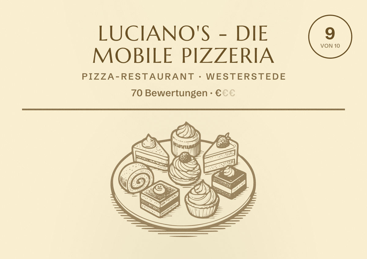 Illustriertes Poster von Luciano's - die mobile Pizzeria, Pizza-Restaurant in Westerstede: Bewertung 9 von 10 aus 70 Bewertungen, Preisniveau €