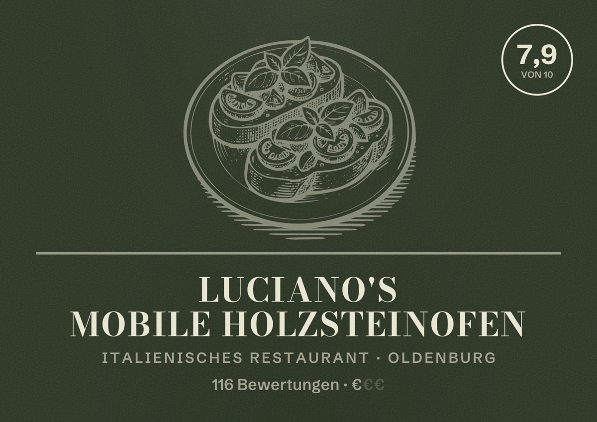 Illustriertes Poster von Luciano's mobile Holzsteinofen, Italienisches Restaurant in Oldenburg: Bewertung 7,9 von 10 aus 116 Bewertungen, Preisniveau €