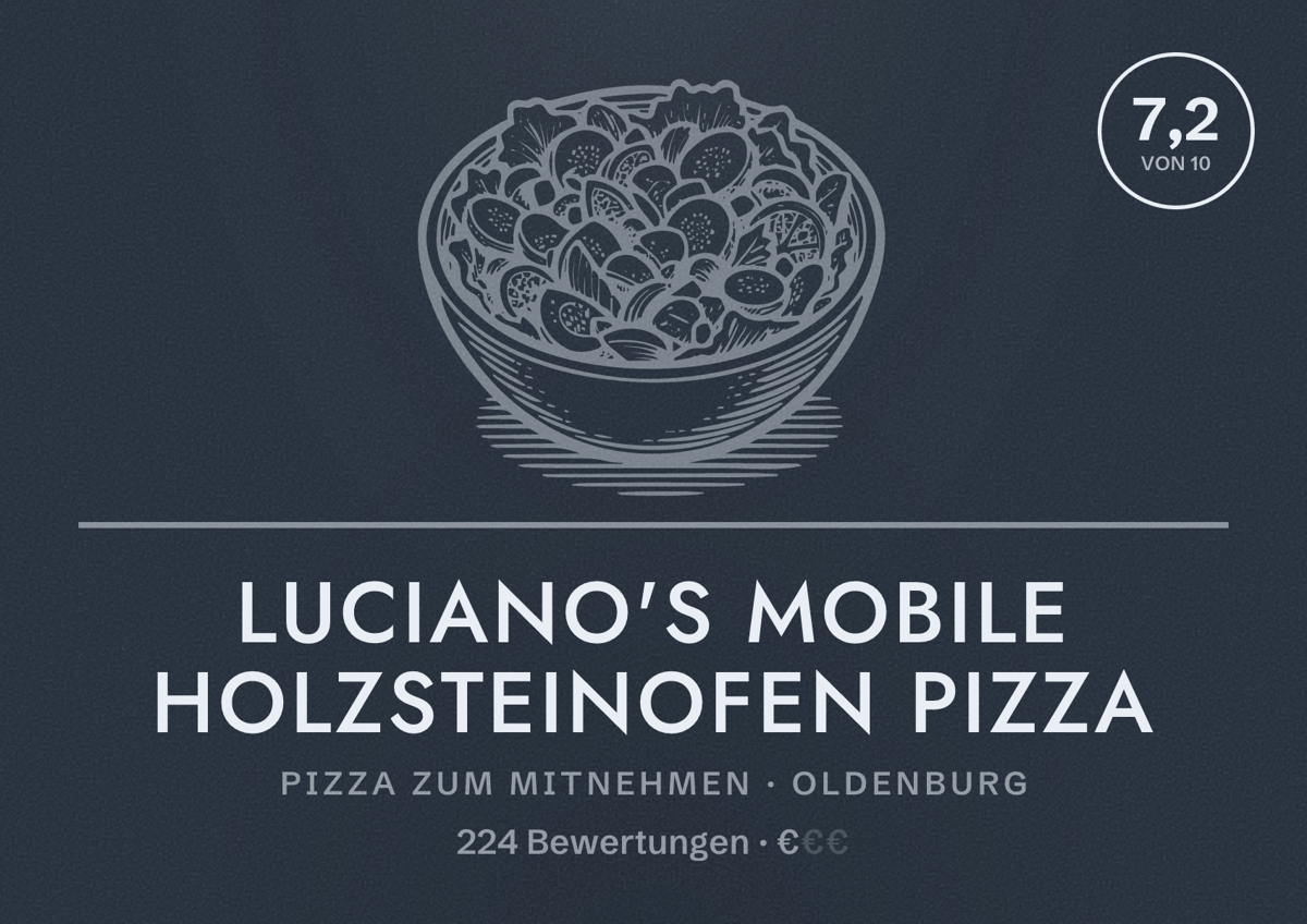 Illustriertes Poster von Luciano's mobile Holzsteinofen Pizza, Pizza zum Mitnehmen in Oldenburg: Bewertung 7,2 von 10 aus 224 Bewertungen, Preisniveau €