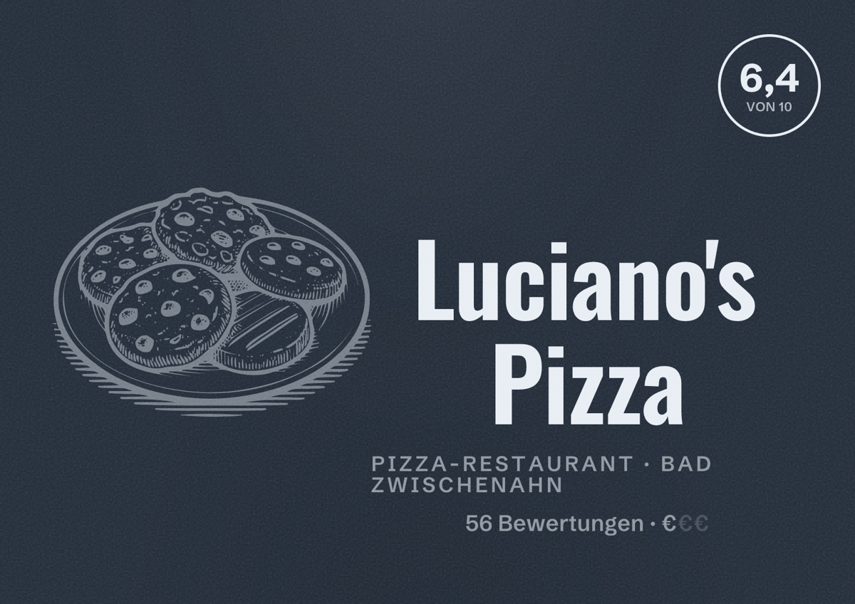Illustriertes Poster von Luciano's Pizza, Pizza-Restaurant in Bad Zwischenahn: Bewertung 6,4 von 10 aus 56 Bewertungen, Preisniveau €