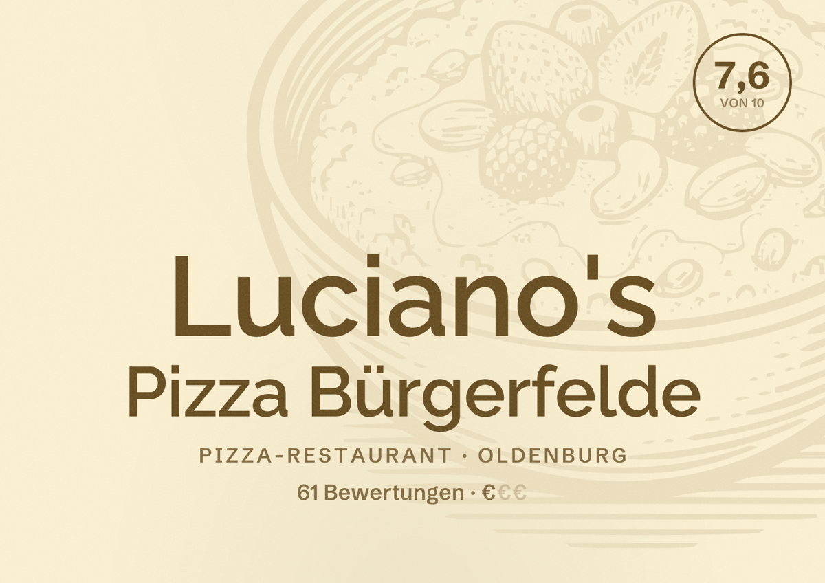 Illustriertes Poster von Luciano's Pizza Bürgerfelde, Pizza-Restaurant in Oldenburg: Bewertung 7,6 von 10 aus 61 Bewertungen, Preisniveau €