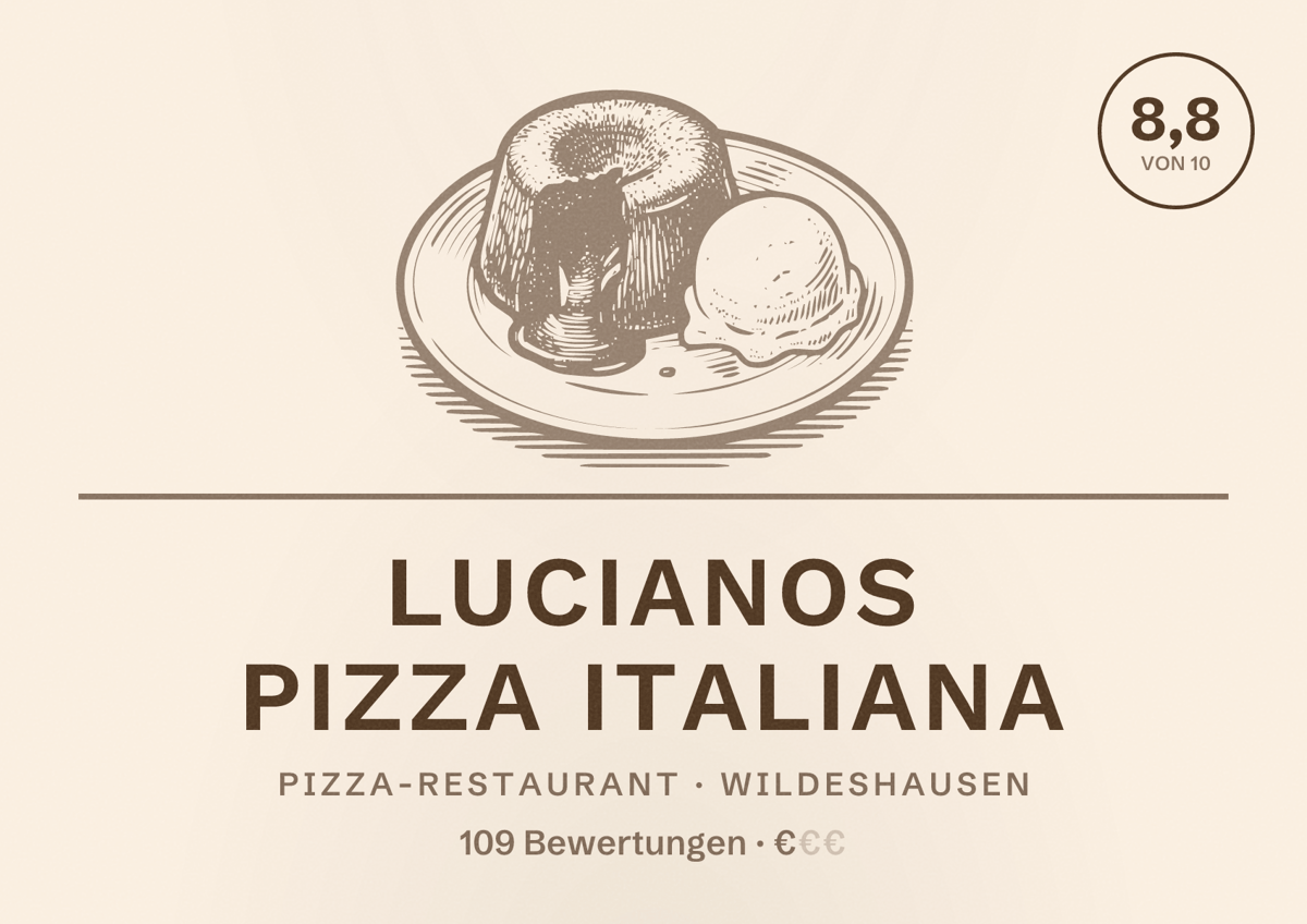 Illustriertes Poster von Lucianos Pizza Italiana, Pizza-Restaurant in Wildeshausen: Bewertung 8,8 von 10 aus 109 Bewertungen, Preisniveau €