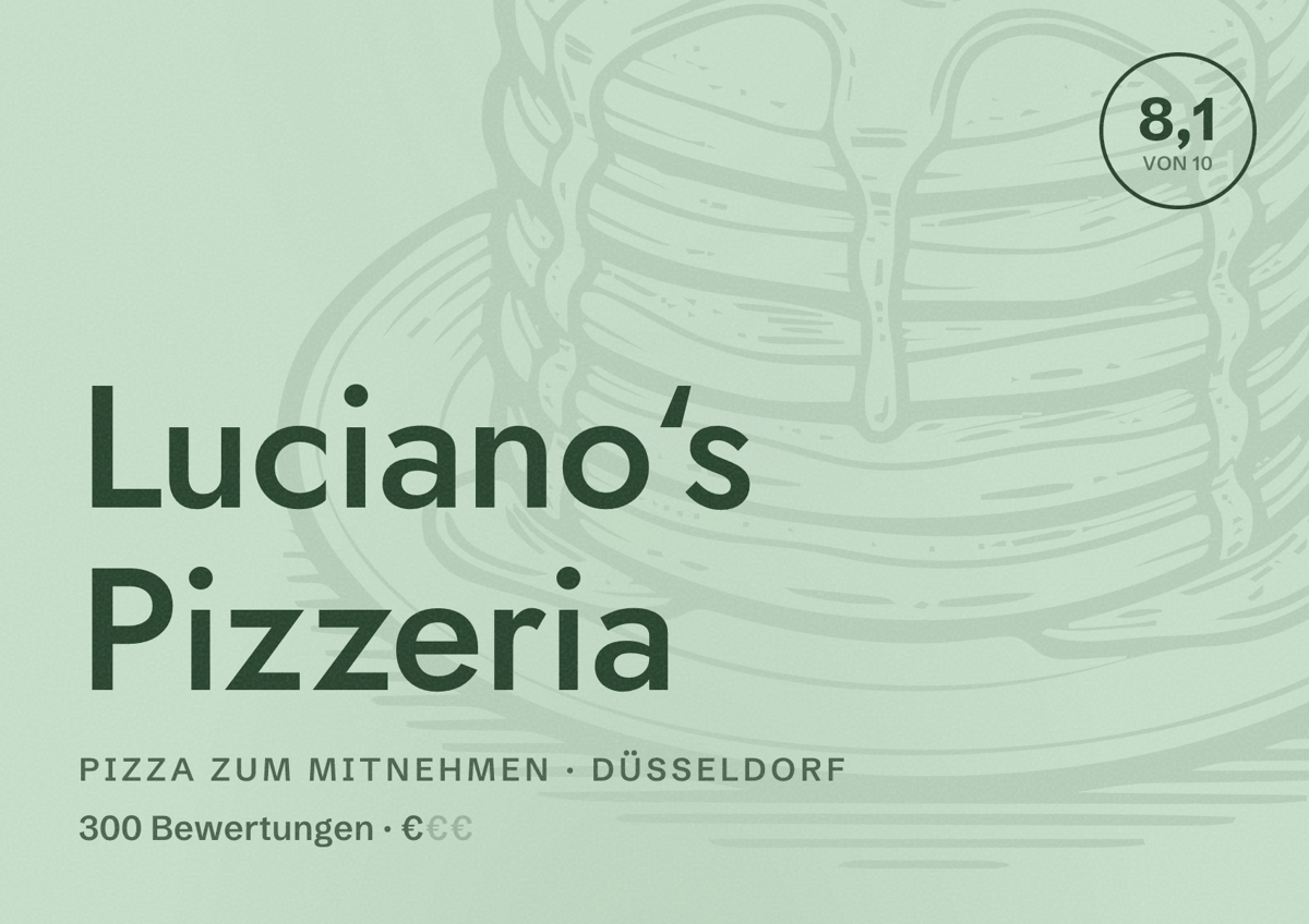 Illustriertes Poster von Luciano‘s Pizzeria, Pizza zum Mitnehmen in Düsseldorf: Bewertung 8,1 von 10 aus 300 Bewertungen, Preisniveau €