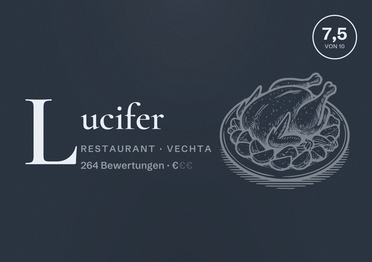 Illustriertes Poster von Lucifer, Restaurant in Vechta: Bewertung 7,5 von 10 aus 264 Bewertungen, Preisniveau €
