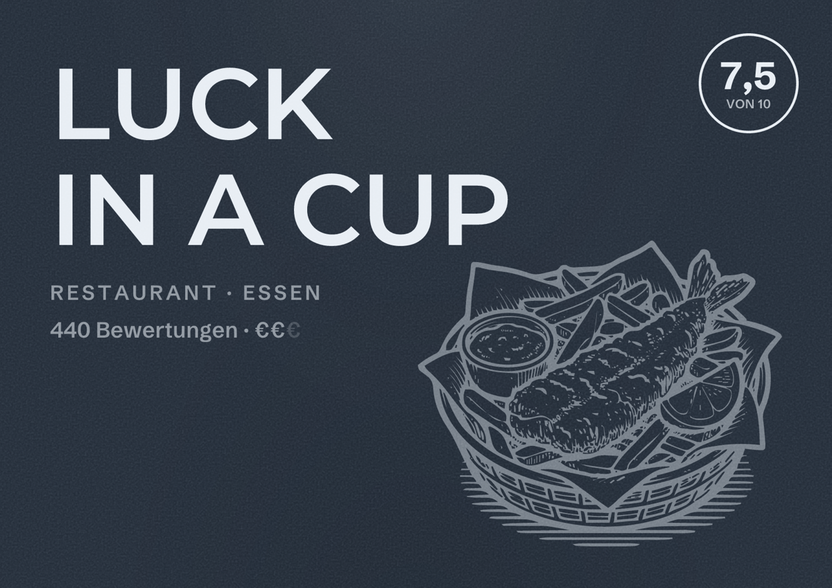 Illustriertes Poster von LUCK IN A CUP, Restaurant in Essen: Bewertung 7,5 von 10 aus 440 Bewertungen, Preisniveau €€