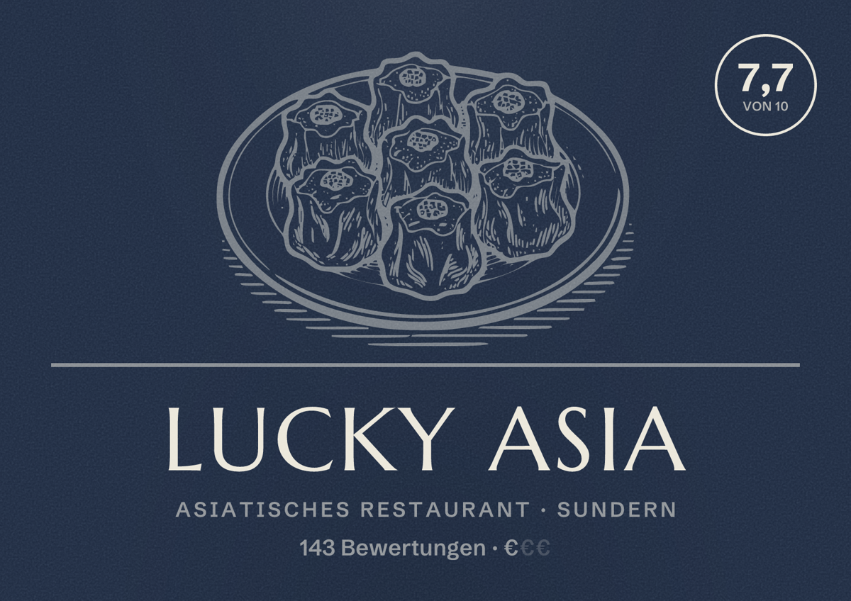 Illustriertes Poster von Lucky Asia, Asiatisches Restaurant in Sundern: Bewertung 7,7 von 10 aus 143 Bewertungen, Preisniveau €