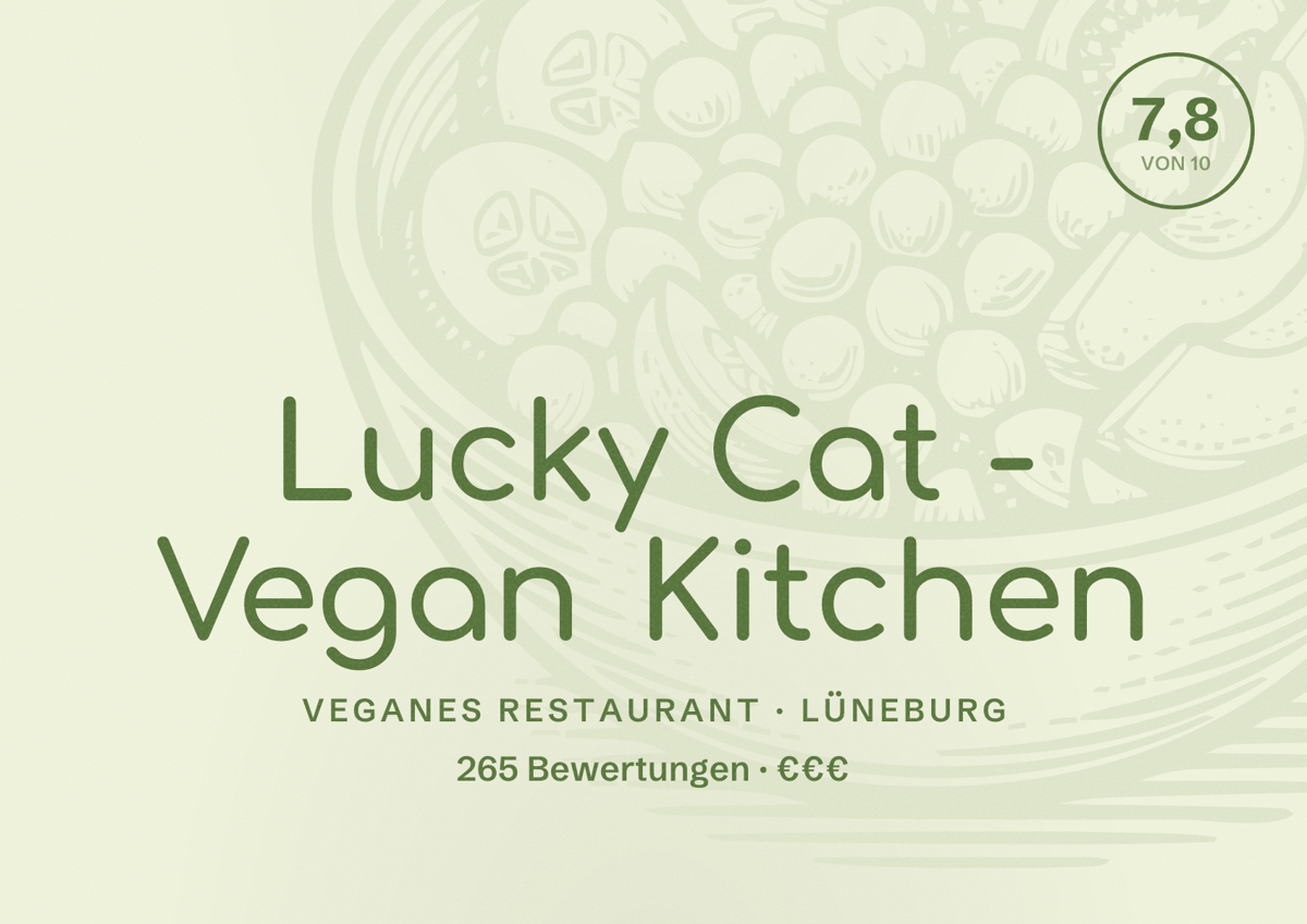 Illustriertes Poster von Lucky Cat - Vegan Kitchen, Veganes Restaurant in Lüneburg: Bewertung 7,8 von 10 aus 265 Bewertungen, Preisniveau €€€