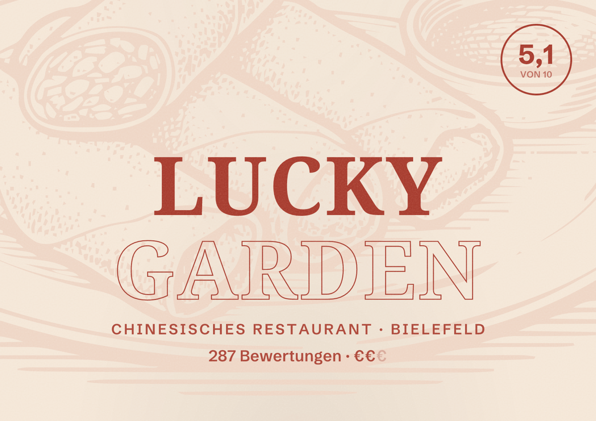 Illustriertes Poster von Lucky Garden, Chinesisches Restaurant in Bielefeld: Bewertung 5,1 von 10 aus 287 Bewertungen, Preisniveau €€