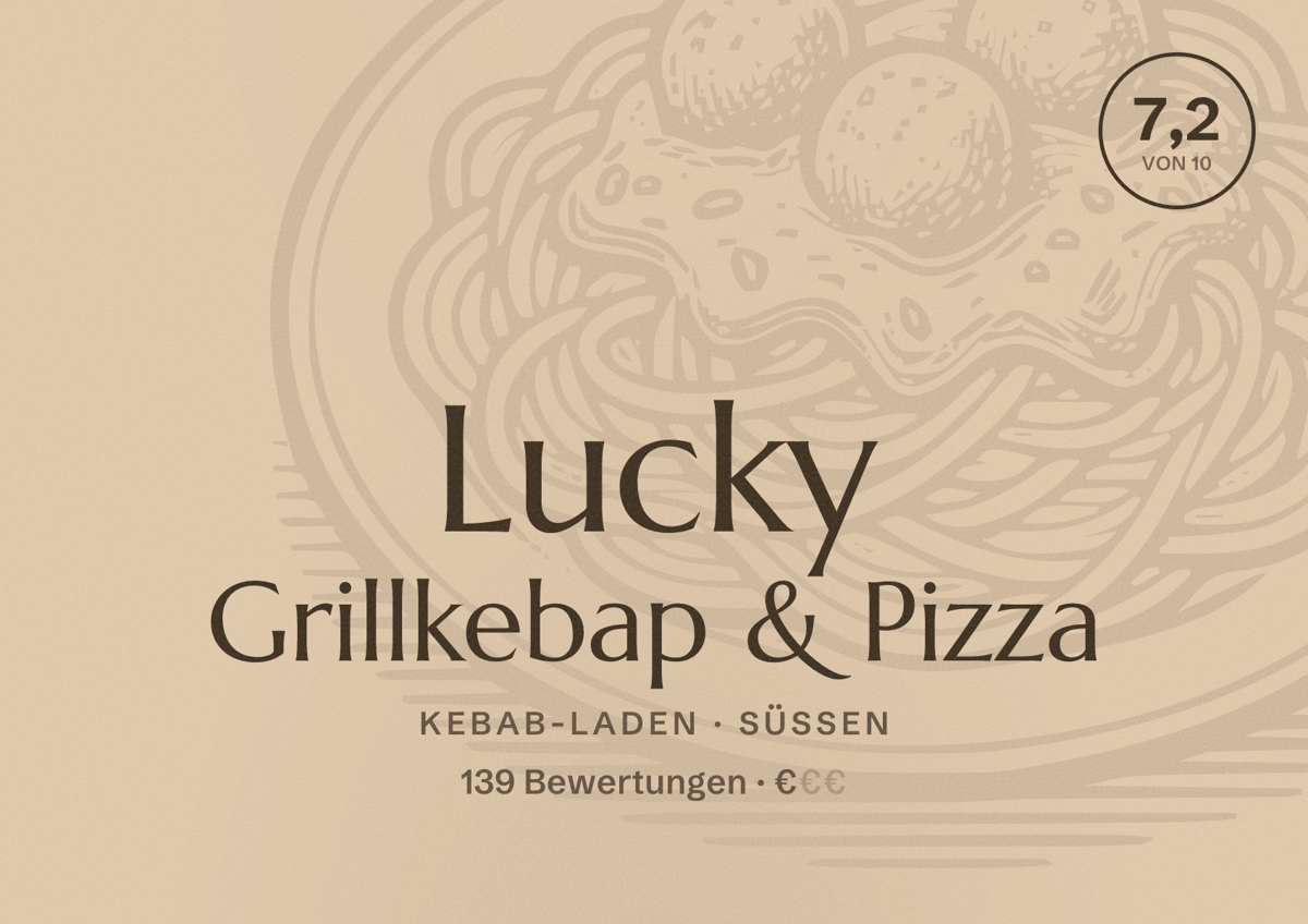 Illustriertes Poster von Lucky Grillkebap & Pizza, Kebab-Laden in Süßen: Bewertung 7,2 von 10 aus 139 Bewertungen, Preisniveau €