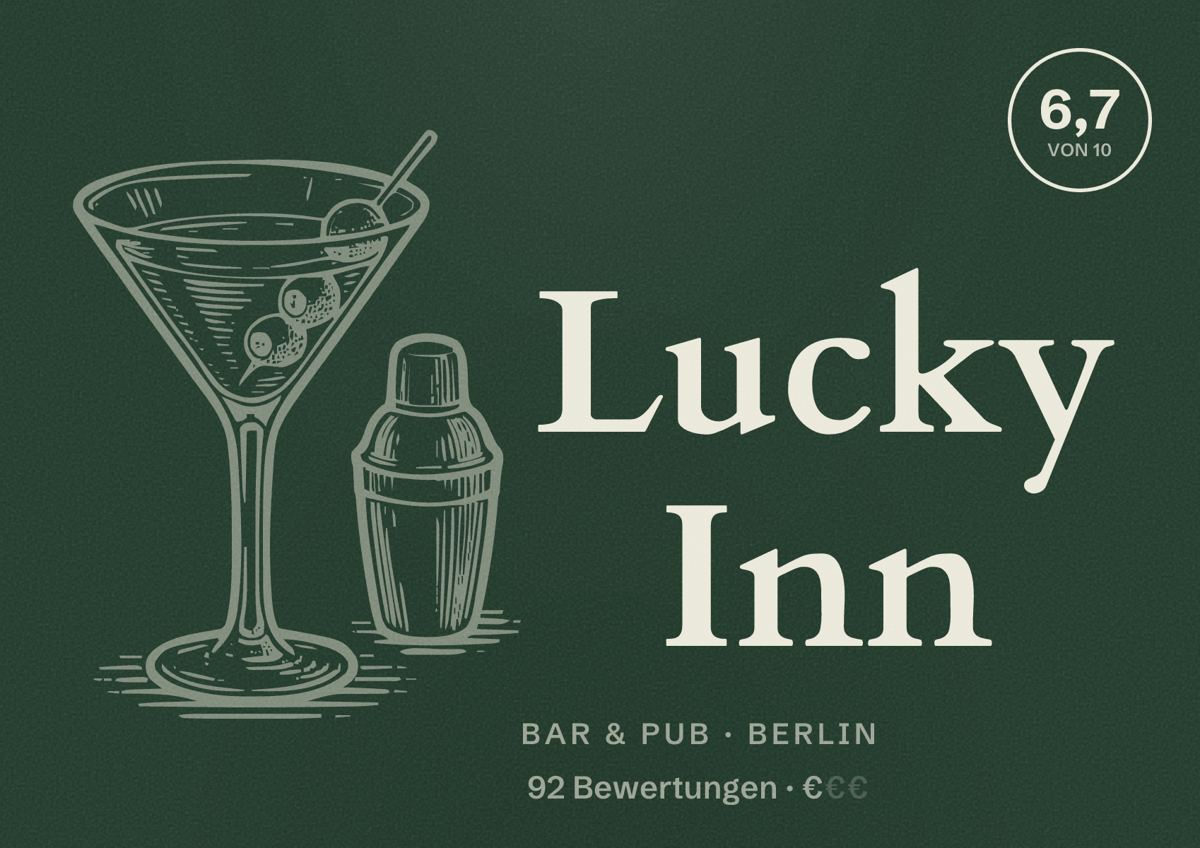 Illustriertes Poster von Lucky Inn, Bar & Pub in Berlin: Bewertung 6,7 von 10 aus 92 Bewertungen, Preisniveau €