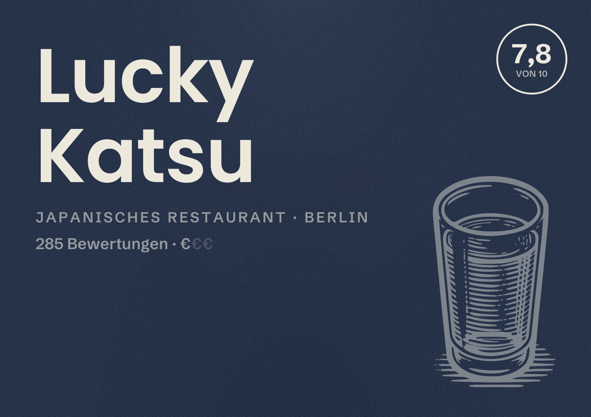 Illustriertes Poster von Lucky Katsu, Japanisches Restaurant in Berlin: Bewertung 7,8 von 10 aus 285 Bewertungen, Preisniveau €