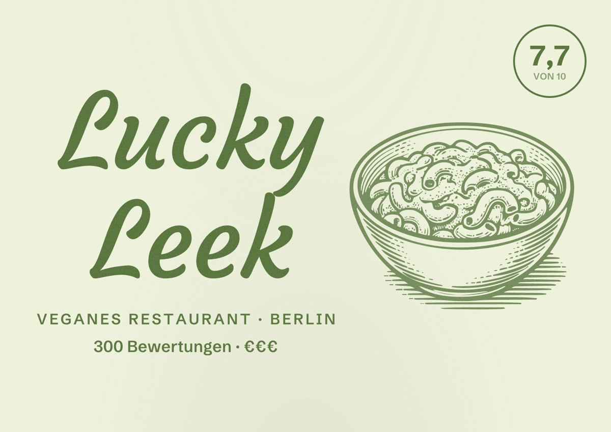 Illustriertes Poster von Lucky Leek, Veganes Restaurant in Berlin: Bewertung 7,7 von 10 aus 300 Bewertungen, Preisniveau €€€