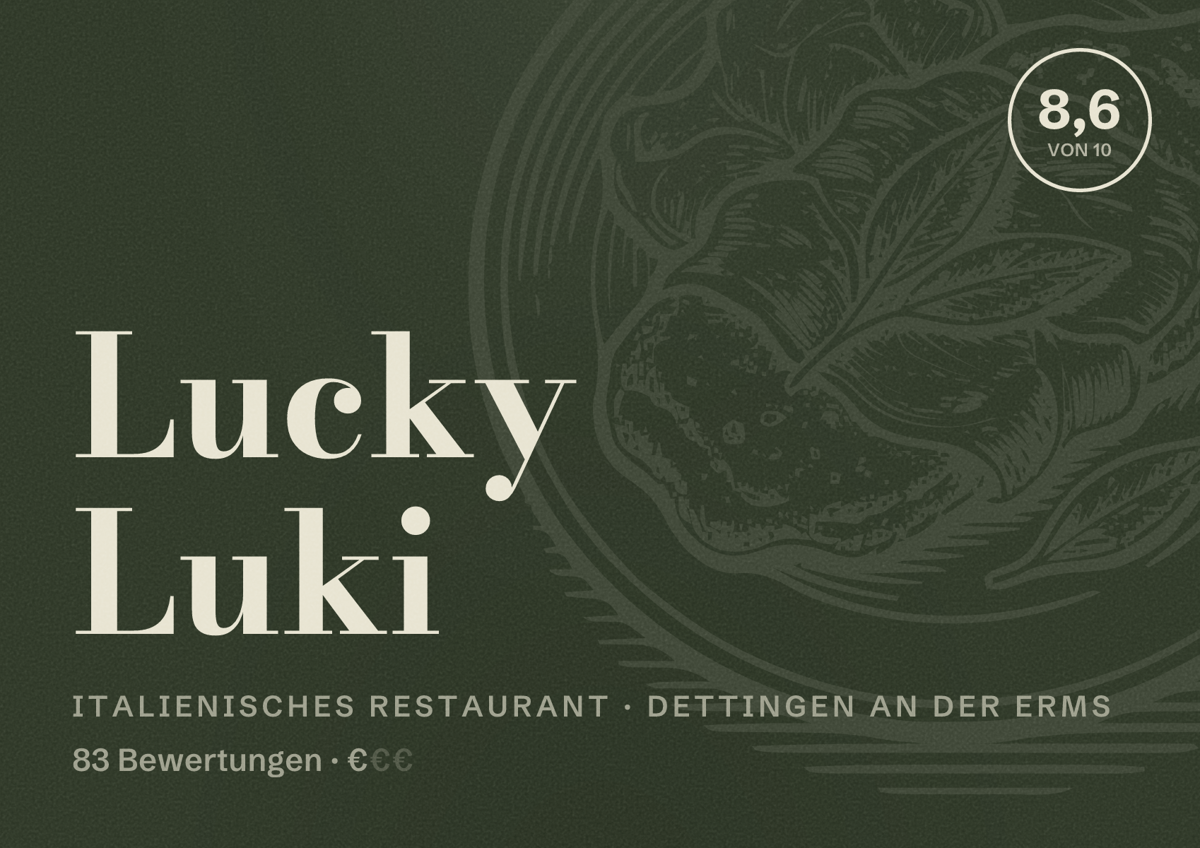 Illustriertes Poster von Lucky Luki, Italienisches Restaurant in Dettingen an der Erms: Bewertung 8,6 von 10 aus 83 Bewertungen, Preisniveau €