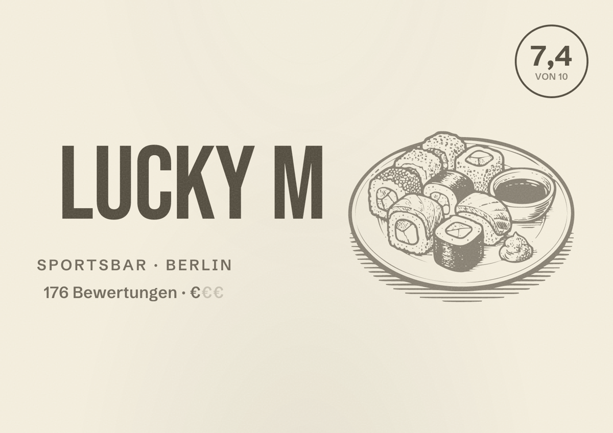 Illustriertes Poster von LUCKY M, Sportsbar in Berlin: Bewertung 7,4 von 10 aus 176 Bewertungen, Preisniveau €