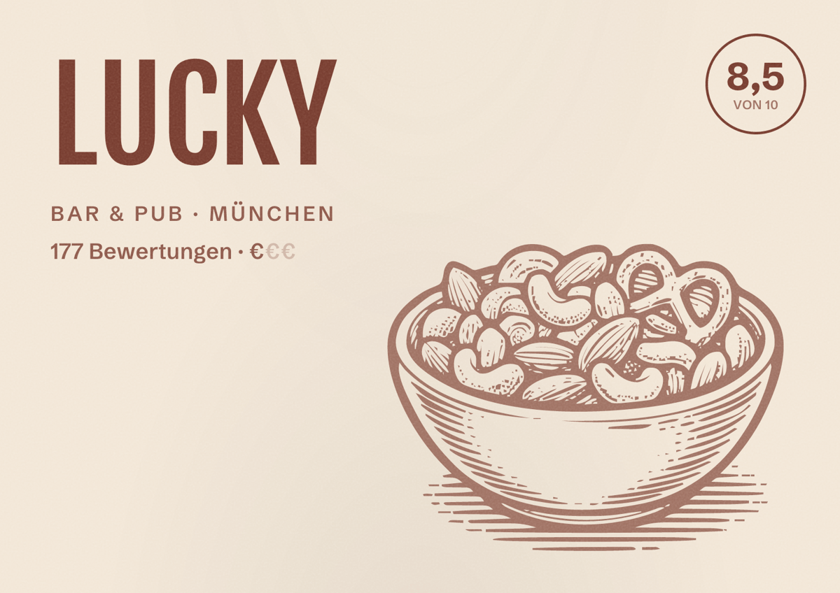 Illustriertes Poster von LUCKY, Bar & Pub in München: Bewertung 8,5 von 10 aus 177 Bewertungen, Preisniveau €