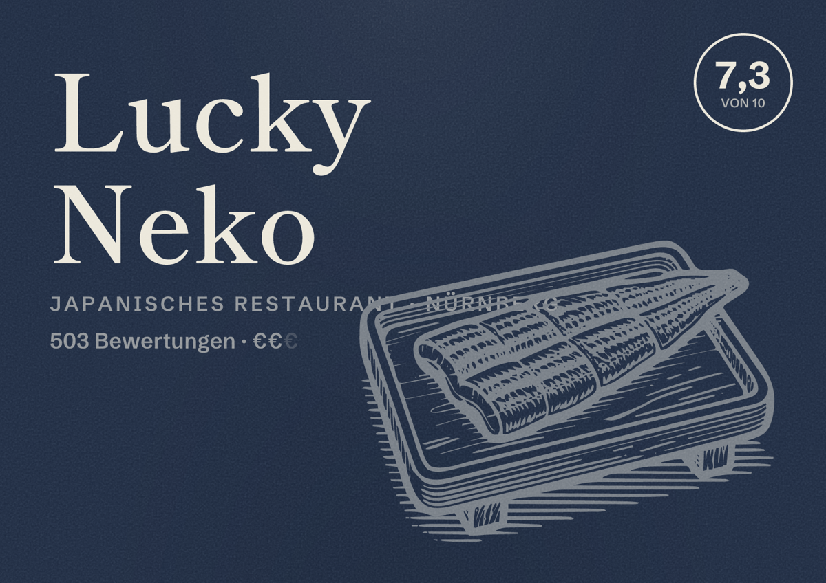 Illustriertes Poster von Lucky Neko, Japanisches Restaurant in Nürnberg: Bewertung 7,3 von 10 aus 503 Bewertungen, Preisniveau €€
