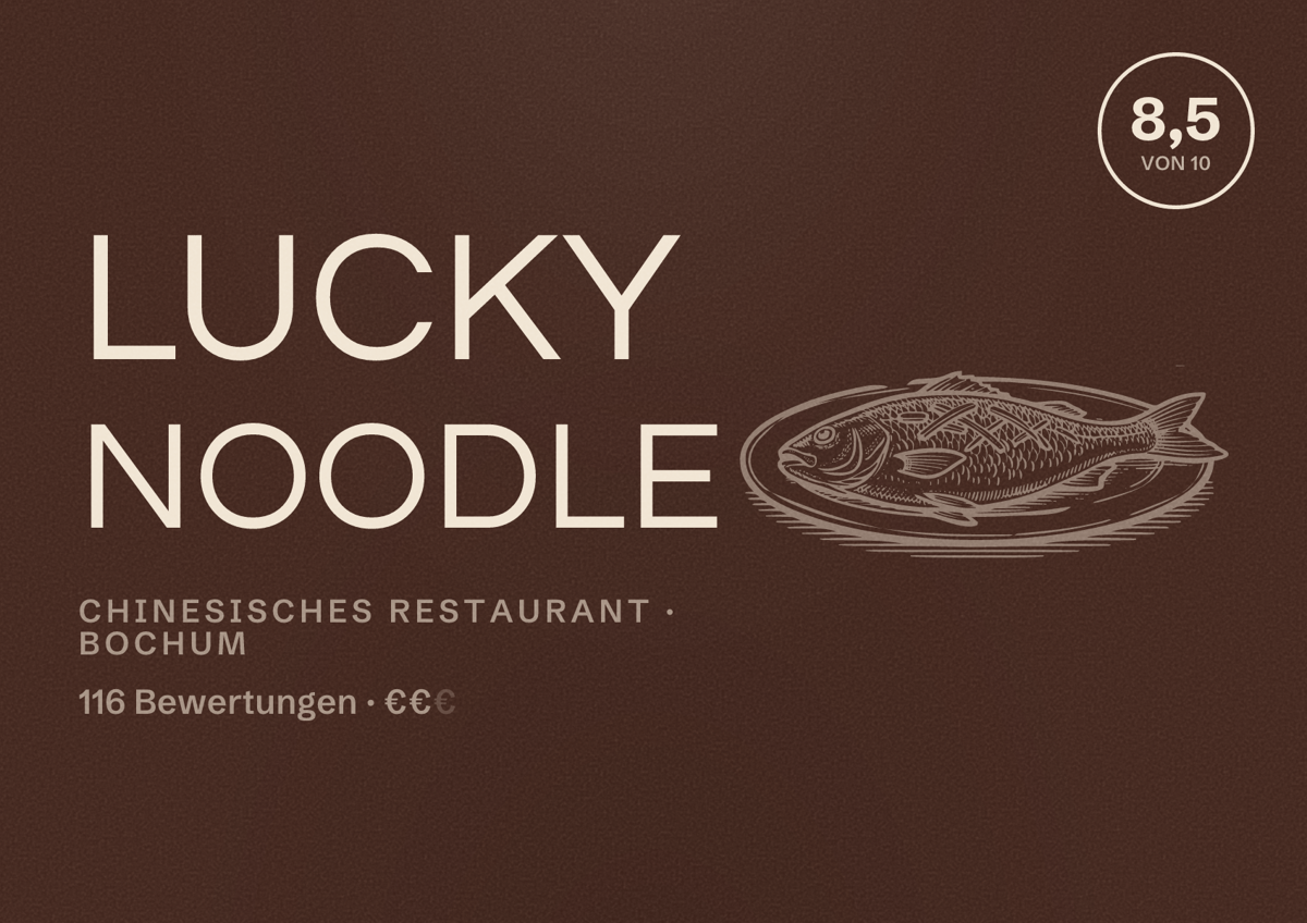 Illustriertes Poster von Lucky Noodle, Chinesisches Restaurant in Bochum: Gästebewertung 8,5 von 10 aus 116 Bewertungen