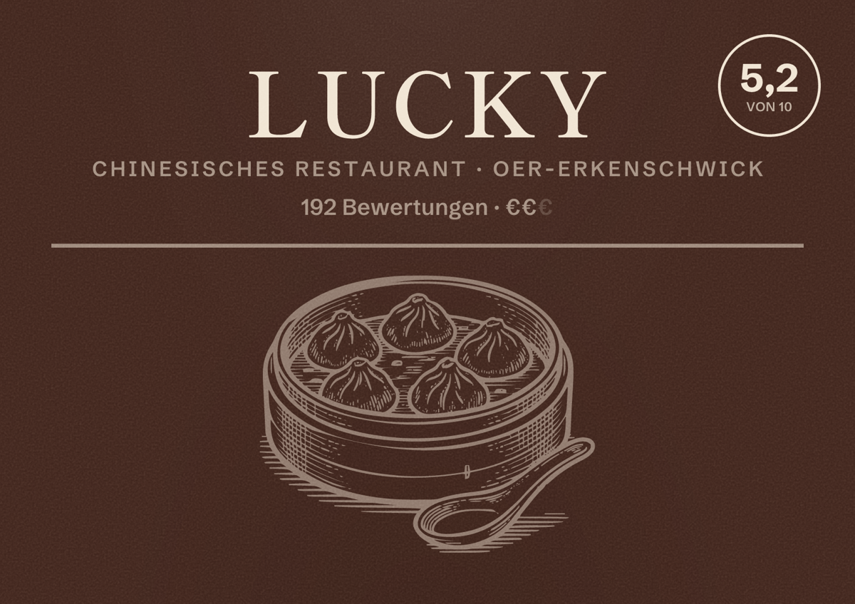Illustriertes Poster von Lucky, Chinesisches Restaurant in Oer-Erkenschwick: Bewertung 5,2 von 10 aus 192 Bewertungen, Preisniveau €€