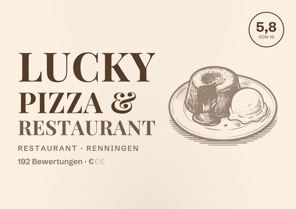 Illustriertes Poster von Lucky Pizza & Restaurant, Restaurant in Renningen: Bewertung 5,8 von 10 aus 192 Bewertungen, Preisniveau €