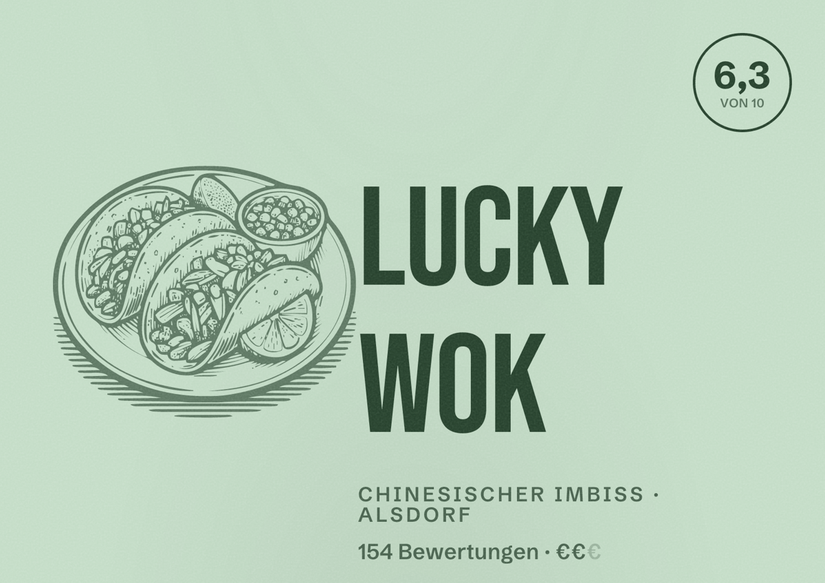 Illustriertes Poster von Lucky Wok, Chinesischer Imbiss in Alsdorf: Bewertung 6,3 von 10 aus 154 Bewertungen, Preisniveau €€