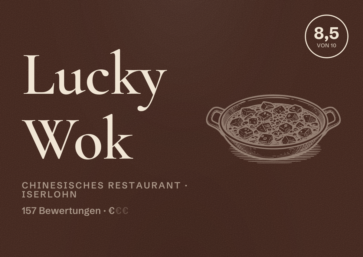 Illustriertes Poster von Lucky Wok, Chinesisches Restaurant in Iserlohn: Bewertung 8,5 von 10 aus 157 Bewertungen, Preisniveau €