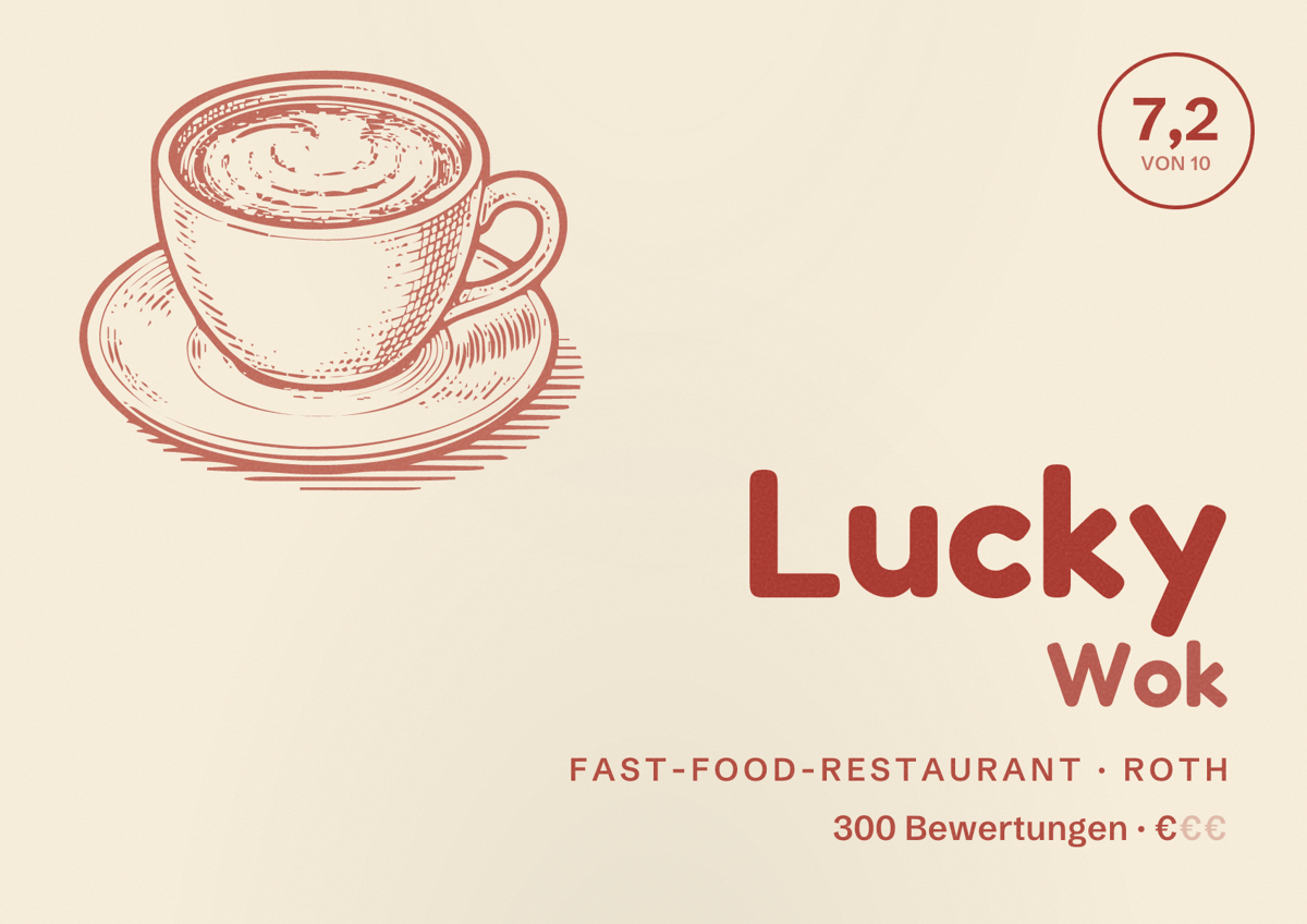 Illustriertes Poster von Lucky Wok, Fast-Food-Restaurant in Roth: Bewertung 7,2 von 10 aus 300 Bewertungen, Preisniveau €