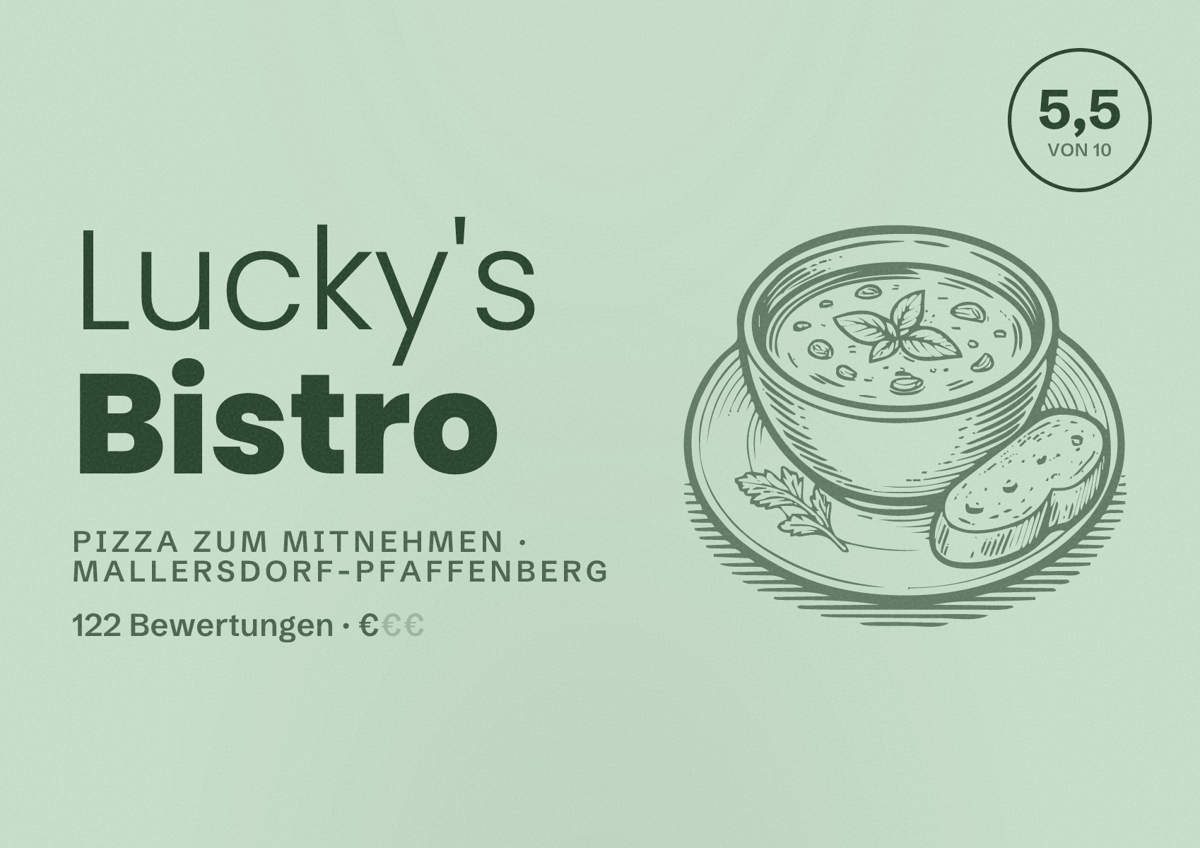 Illustriertes Poster von Lucky's Bistro, Pizza zum Mitnehmen in Mallersdorf-Pfaffenberg: Bewertung 5,5 von 10 aus 122 Bewertungen, Preisniveau €