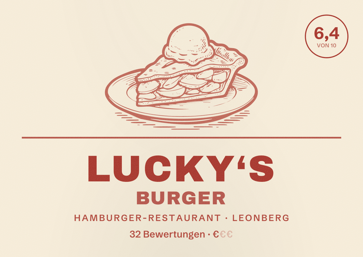 Illustriertes Poster von Lucky‘s Burger, Hamburger-Restaurant in Leonberg: Bewertung 6,4 von 10 aus 32 Bewertungen, Preisniveau €