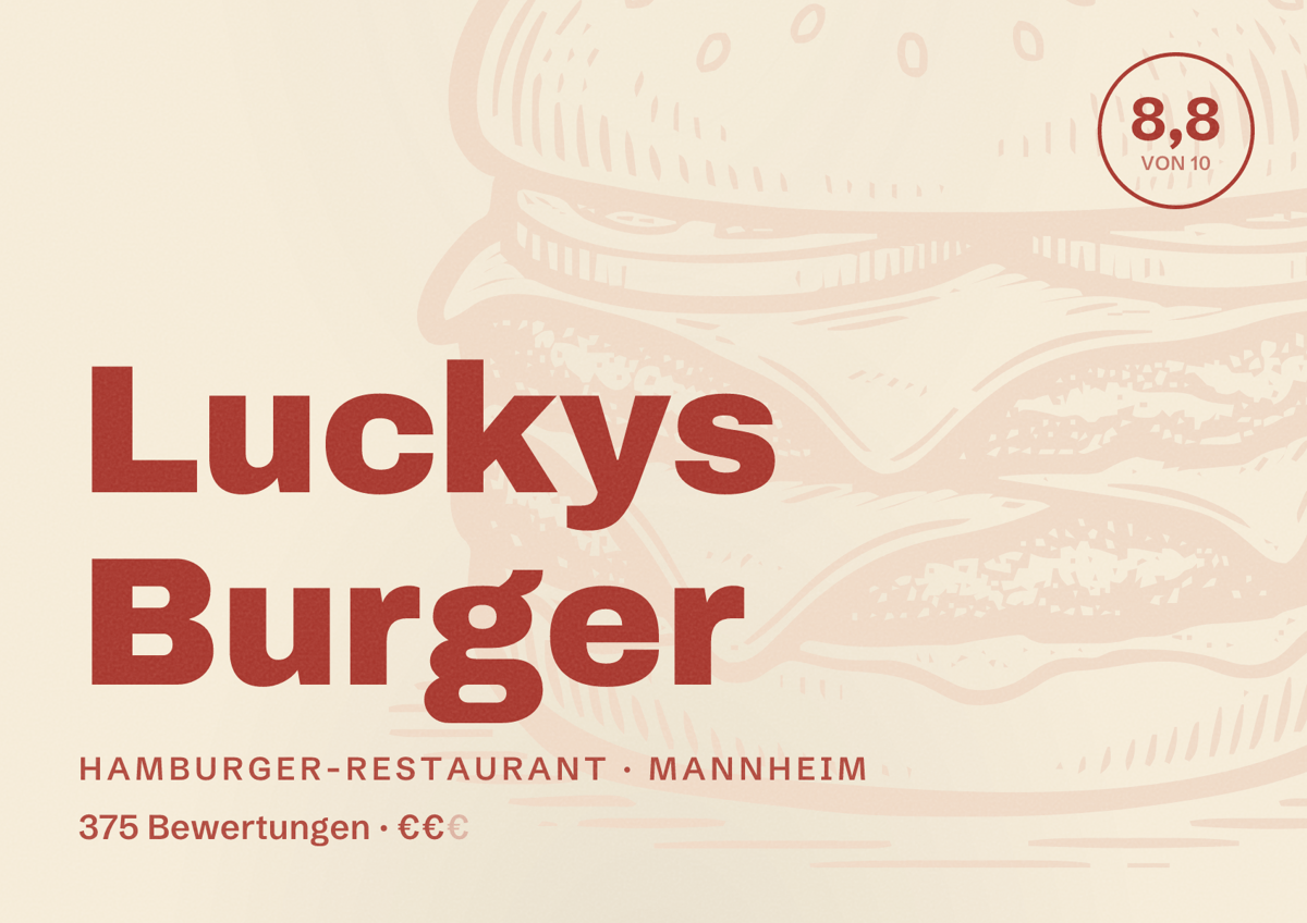 Illustriertes Poster von Luckys Burger, Hamburger-Restaurant in Mannheim: Bewertung 8,8 von 10 aus 375 Bewertungen, Preisniveau €€