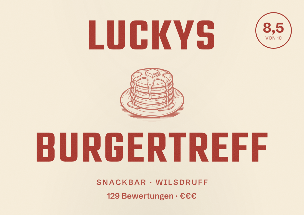 Illustriertes Poster von Luckys Burgertreff, Snackbar in Wilsdruff: Bewertung 8,5 von 10 aus 129 Bewertungen, Preisniveau €€€