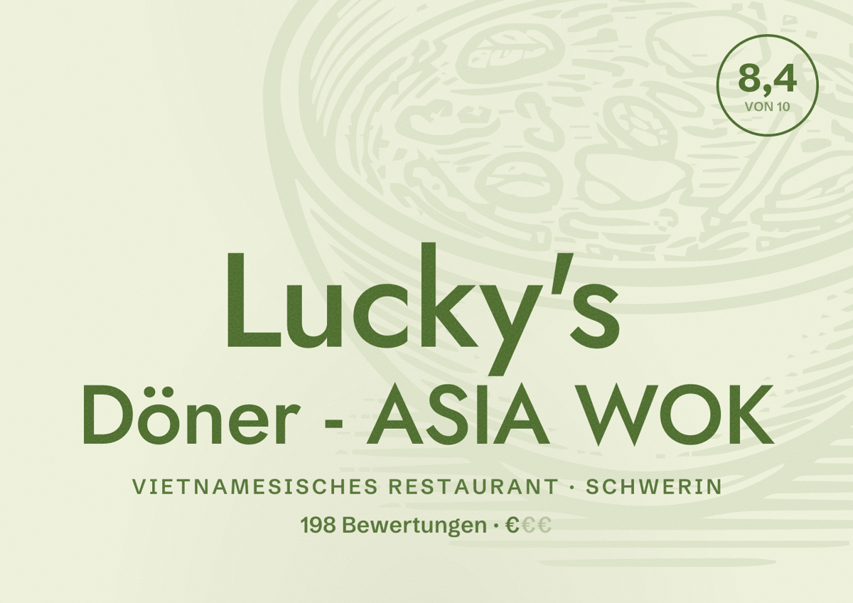 Illustriertes Poster von Lucky's Döner - ASIA WOK, Vietnamesisches Restaurant in Schwerin: Bewertung 8,4 von 10 aus 198 Bewertungen, Preisniveau €