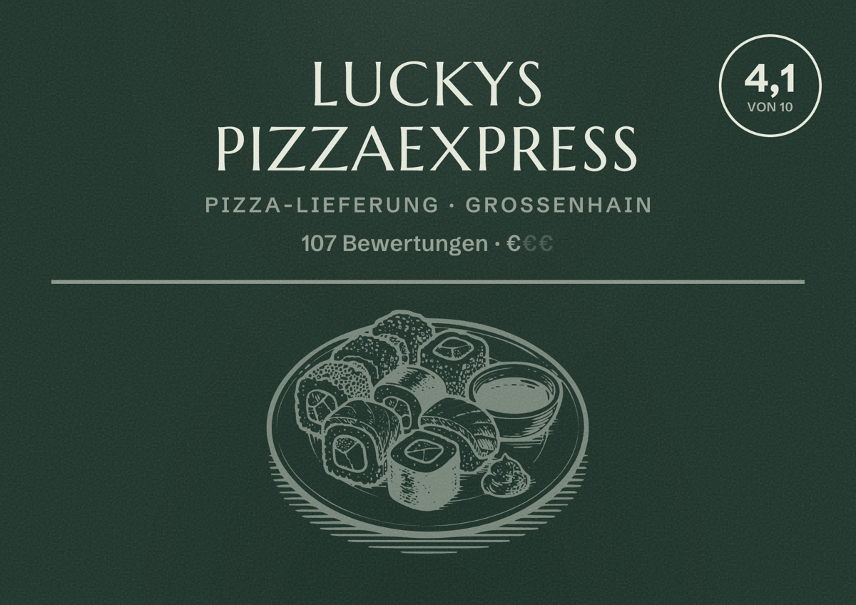 Illustriertes Poster von Luckys Pizzaexpress, Pizza-Lieferung in Großenhain: Bewertung 4,1 von 10 aus 107 Bewertungen, Preisniveau €
