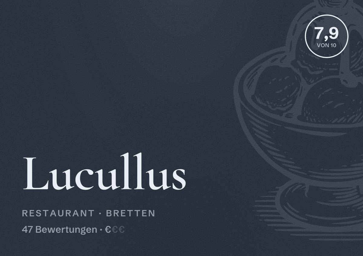 Illustriertes Poster von Lucullus, Restaurant in Bretten: Bewertung 7,9 von 10 aus 47 Bewertungen, Preisniveau €