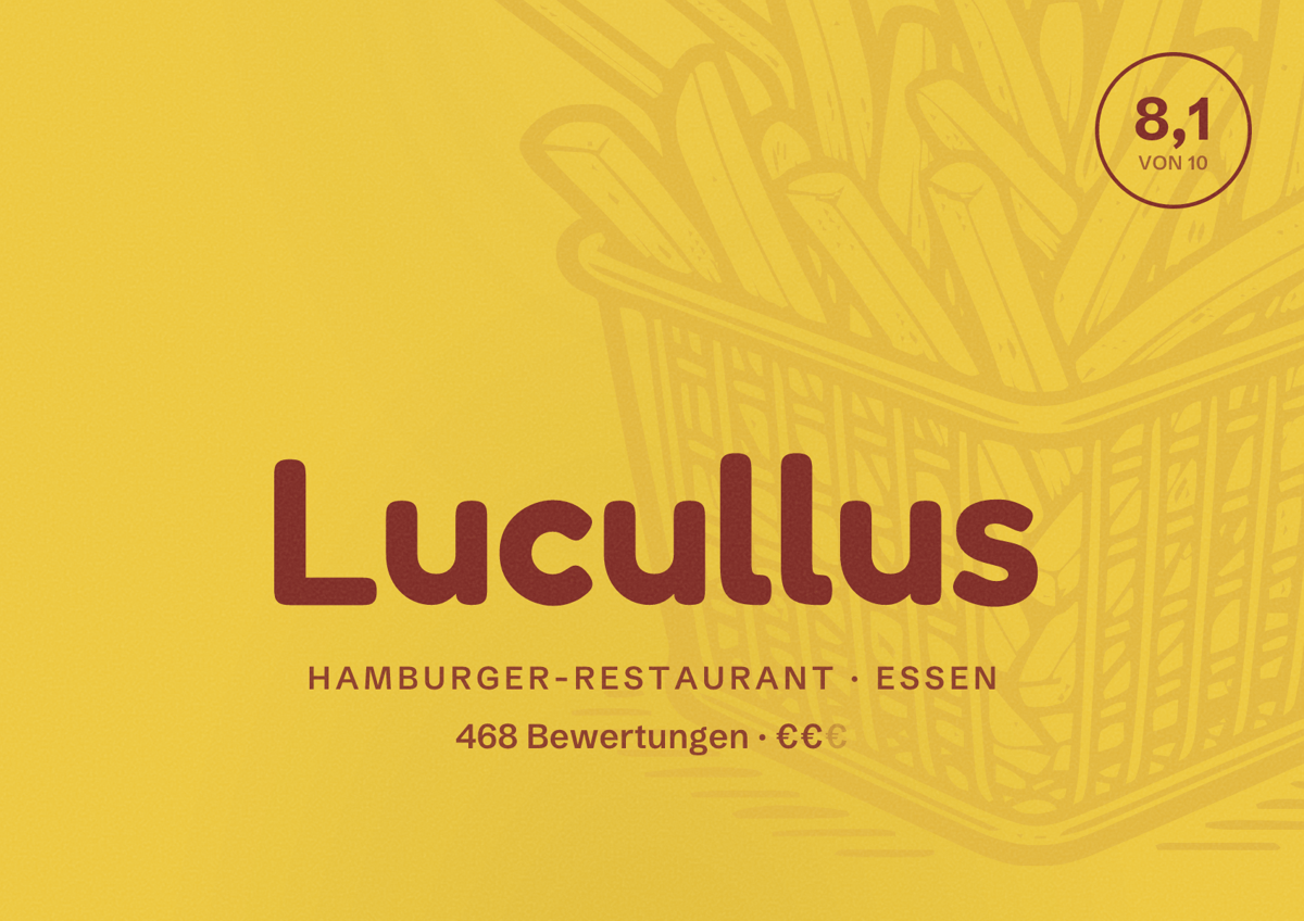 Illustriertes Poster von Lucullus, Hamburger-Restaurant in Essen: Bewertung 8,1 von 10 aus 468 Bewertungen, Preisniveau €€