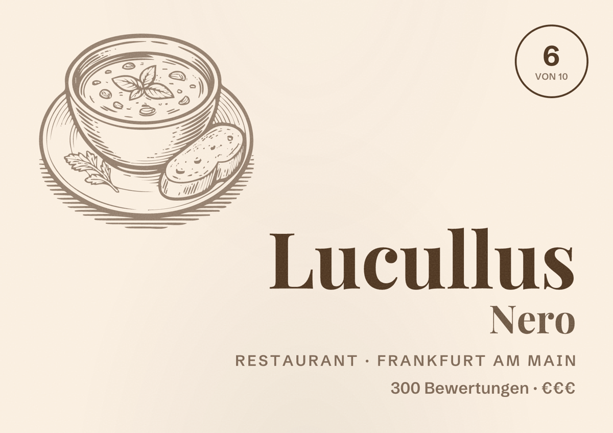 Illustriertes Poster von Lucullus Nero, Restaurant in Frankfurt am Main: Bewertung 6,0 von 10 aus 300 Bewertungen, Preisniveau €€€