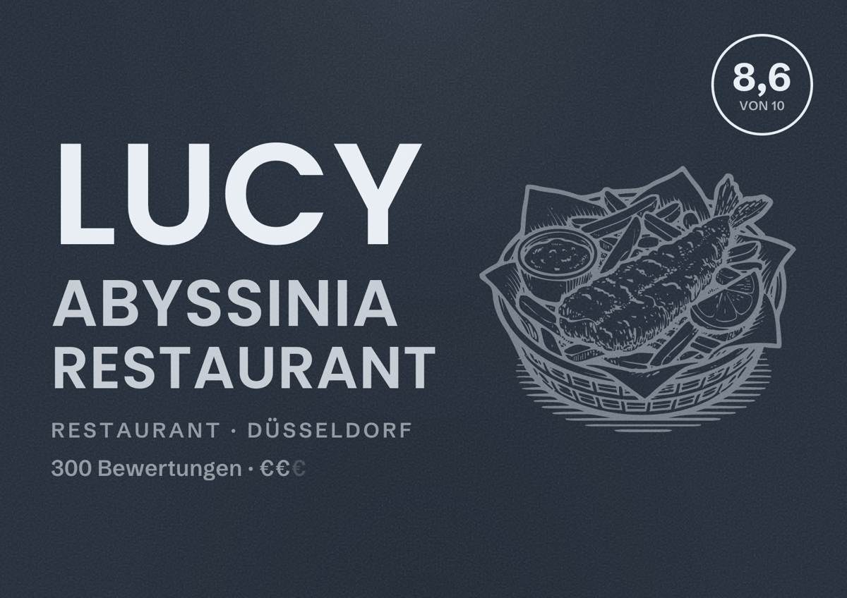 Illustriertes Poster von Lucy Abyssinia Restaurant, Restaurant in Düsseldorf: Bewertung 8,6 von 10 aus 300 Bewertungen, Preisniveau €€